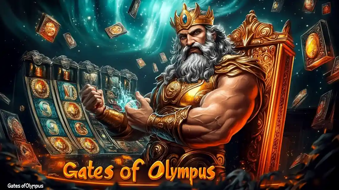 A majestic Zeus figure on a golden throne, surrounded by floating cards and a EG333 slot machine, with Gates of Olympus prominently displayed, inviting players to a mythical gaming experience.