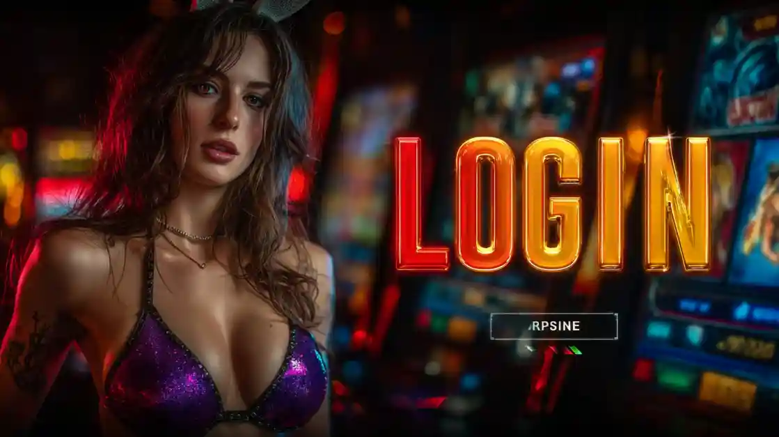 A captivating woman stands beside a LOGIN interface, with EG333 slot machines softly blurred in the background, inviting users to enter the world of EG333.