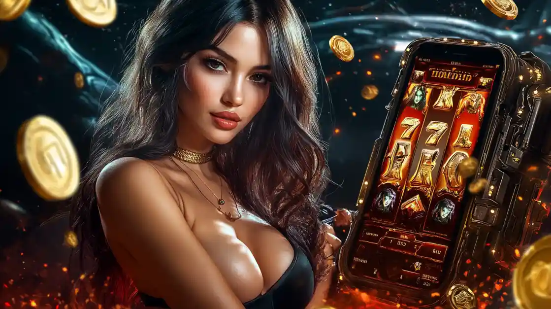 A confident woman holds a smartphone displaying a EG333 mobile slot game with 777 symbols and golden coins.